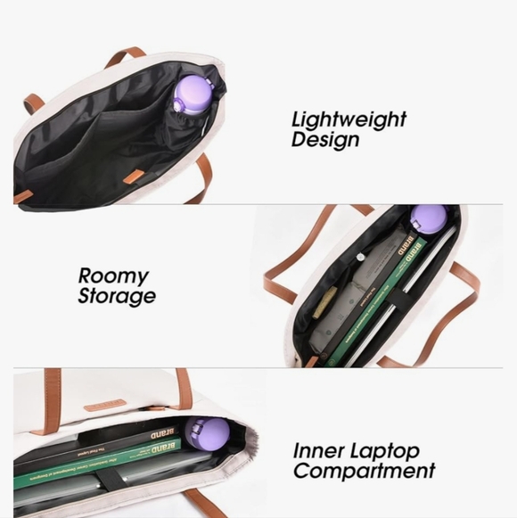 Prite Cream Laptop Tote Bag for Women Shoulder Bag Waterproof 11.8"X14 6"X3.5" - Picture 4 of 13